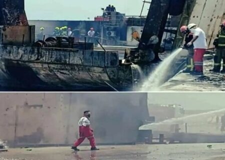 پیدا شدن پیکر فرد مفقودی در حادثه آتش‌سوزی اسکله دیر/ تعداد جانباختگان به ۴ نفر رسید